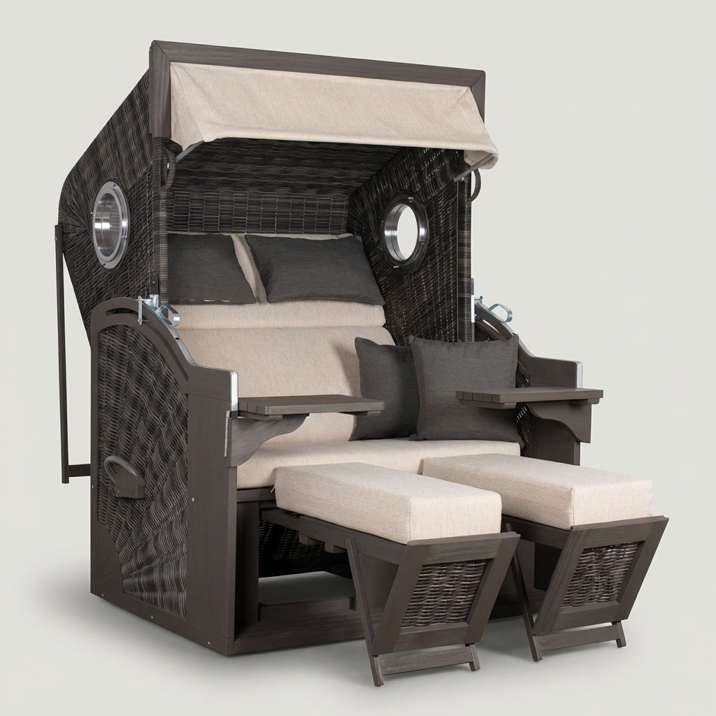 Strandkorb XL Polyrattan stone grey mit Pinienholz und Cocktailtischen