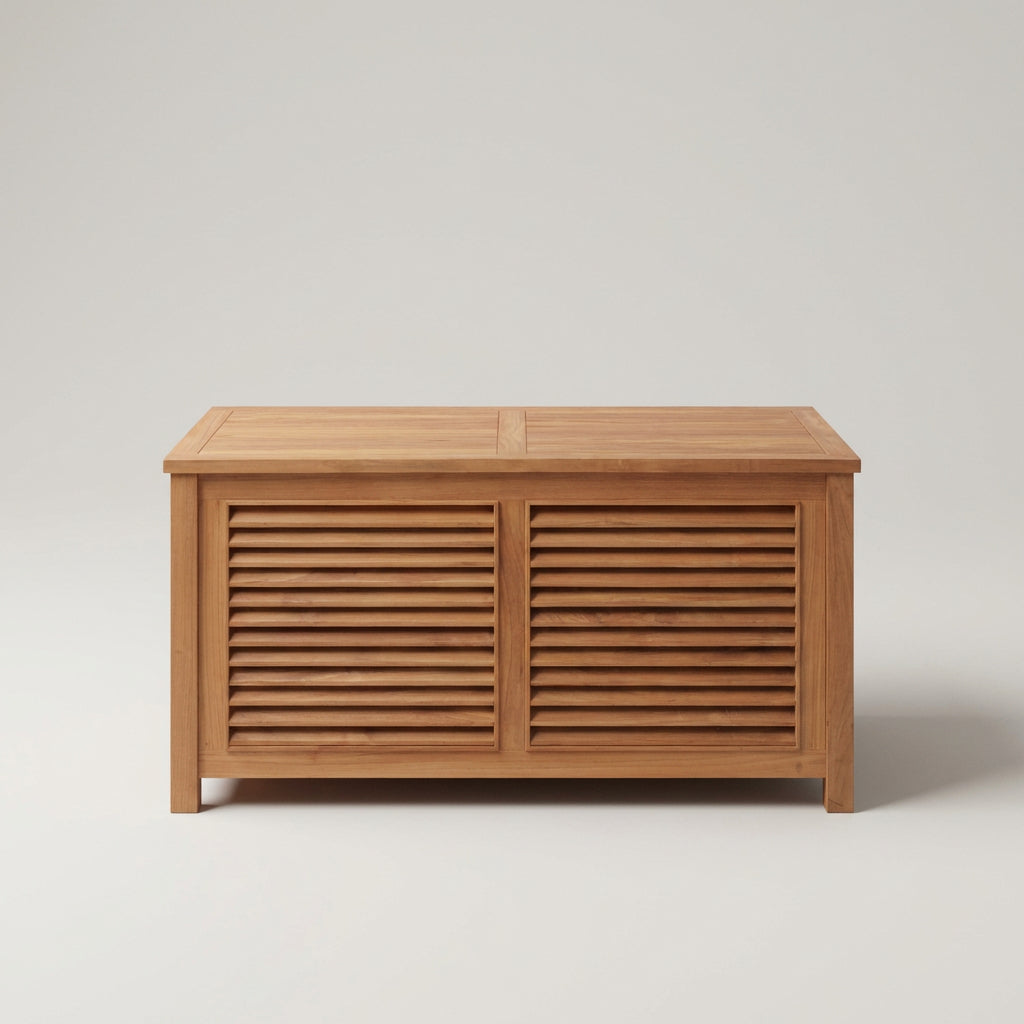 Auflagenbox Grande II aus massivem Teakholz mit Lamellenfront