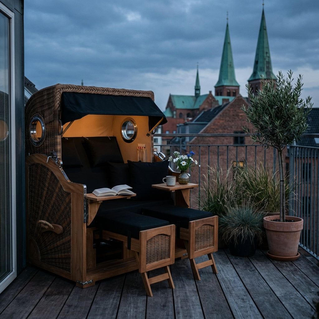 Strandkorb Düne Grande 2-Sitzer aus Teak mit Bullauge in PE Banana