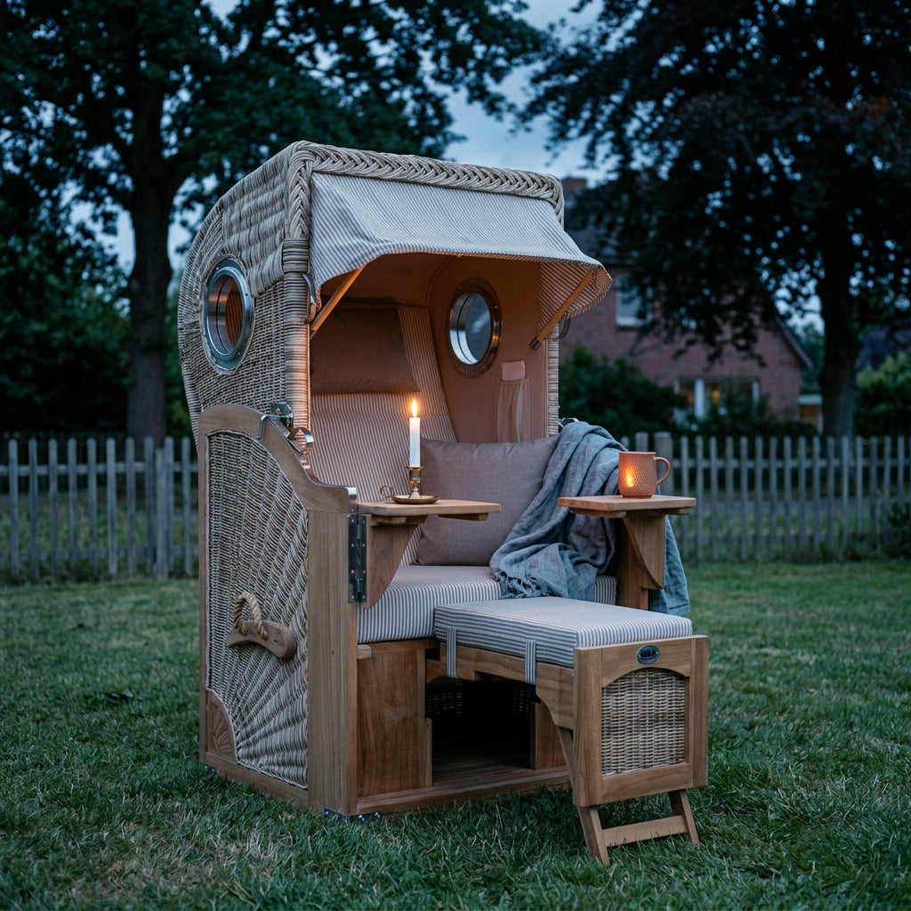 Strandkorb Düne Single aus Teak mit Bullauge in Shell-Beige