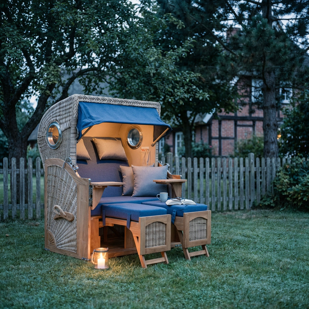 Strandkorb Düne 2-Sitzer aus Teak mit Bullauge in Marineblau