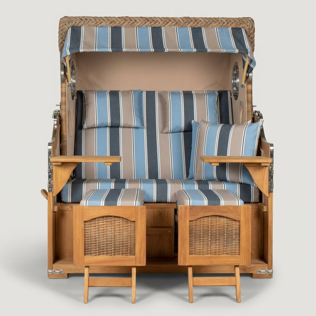 Strandkorb Düne Grande 2-Sitzer aus Teak mit Bullauge in maritimem Streifendesign