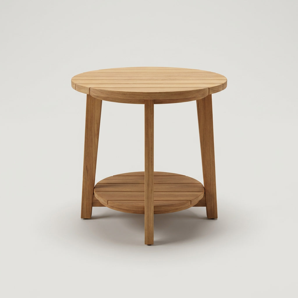 Beistelltisch Milton rund 50 cm aus massivem Teakholz mit Ablage