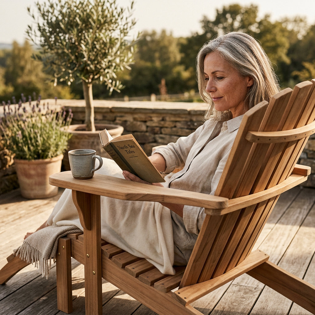 Gartensessel Adirondack Montreal aus massivem Teakholz mit Fußstütze