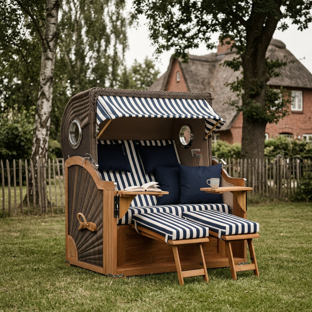 Strandkorb Baltikum 2-Sitzer aus Teak und Polyrattan mit Bullauge