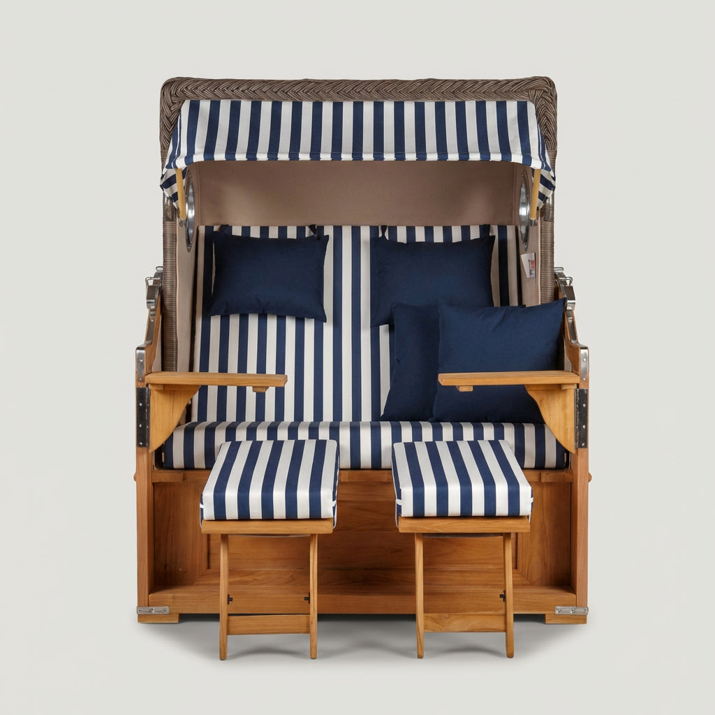 Strandkorb Baltikum 2-Sitzer aus Teak und Polyrattan mit Bullauge