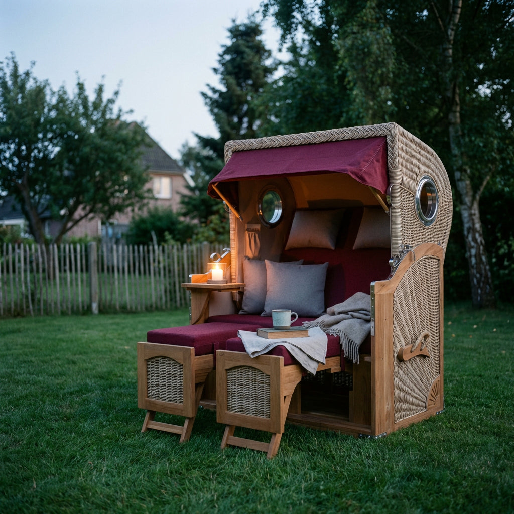 Strandkorb Düne 2-Sitzer aus Teak und Polyrattan mit Bullaugen