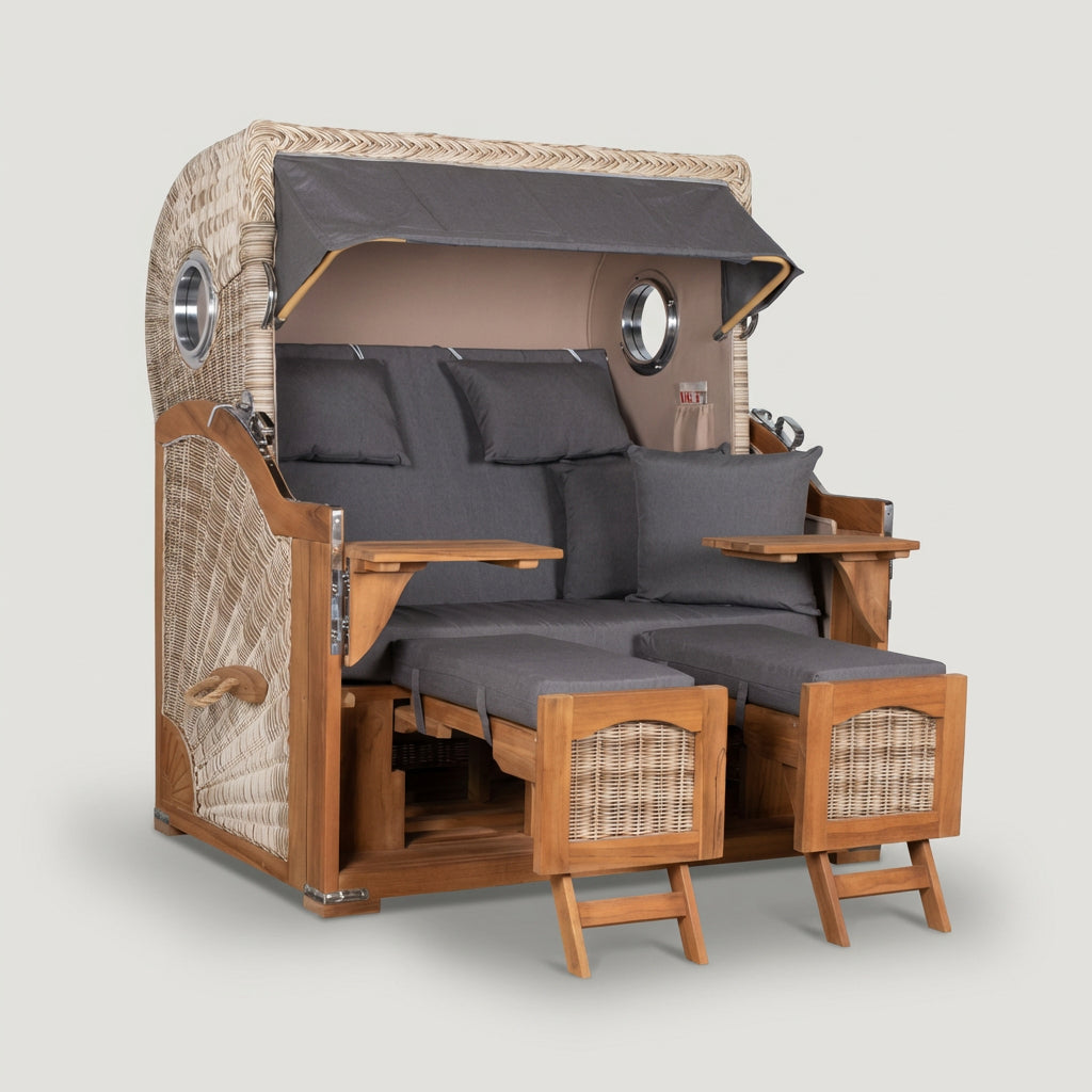 Strandkorb Düne Grande Bullauge Teak PE Shell Dessin 551 - Bild 1