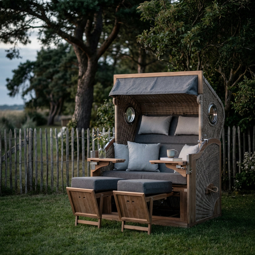 Strandkorb 175 XL Akazie Polyrattan mit Cocktailtischen