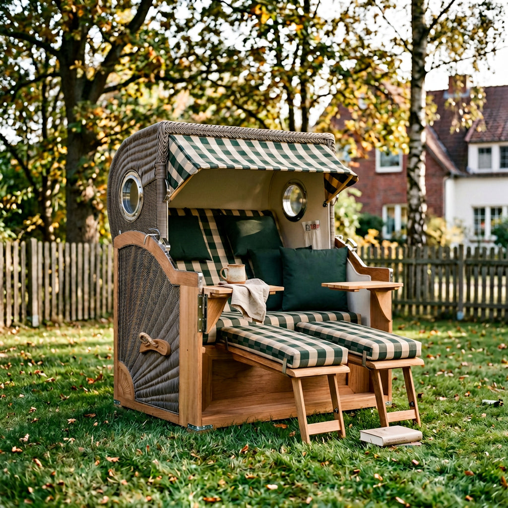 Strandkorb Baltikum 2-Sitzer mit Bullauge in PE Grey mit grün-beige Polsterung
