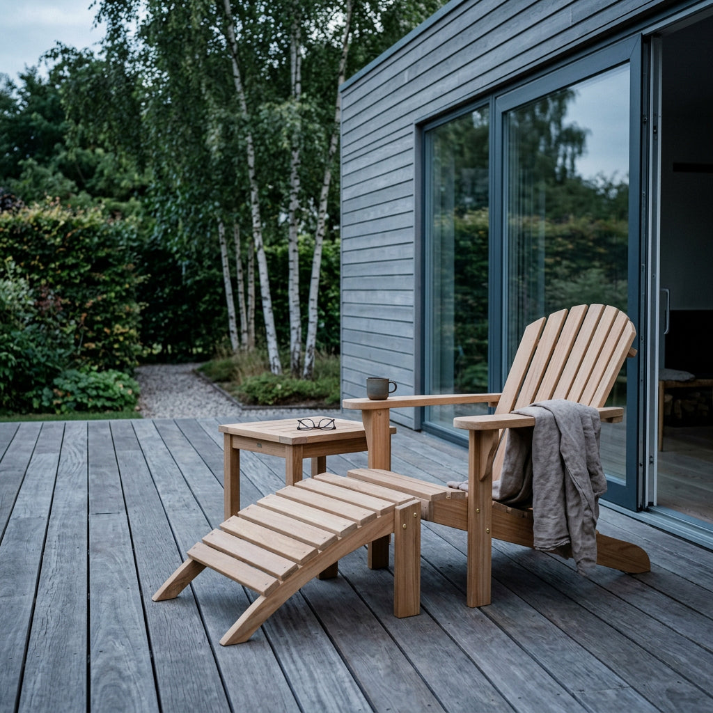 Gartensessel Adirondack Montreal aus massivem Teakholz mit Fußstütze
