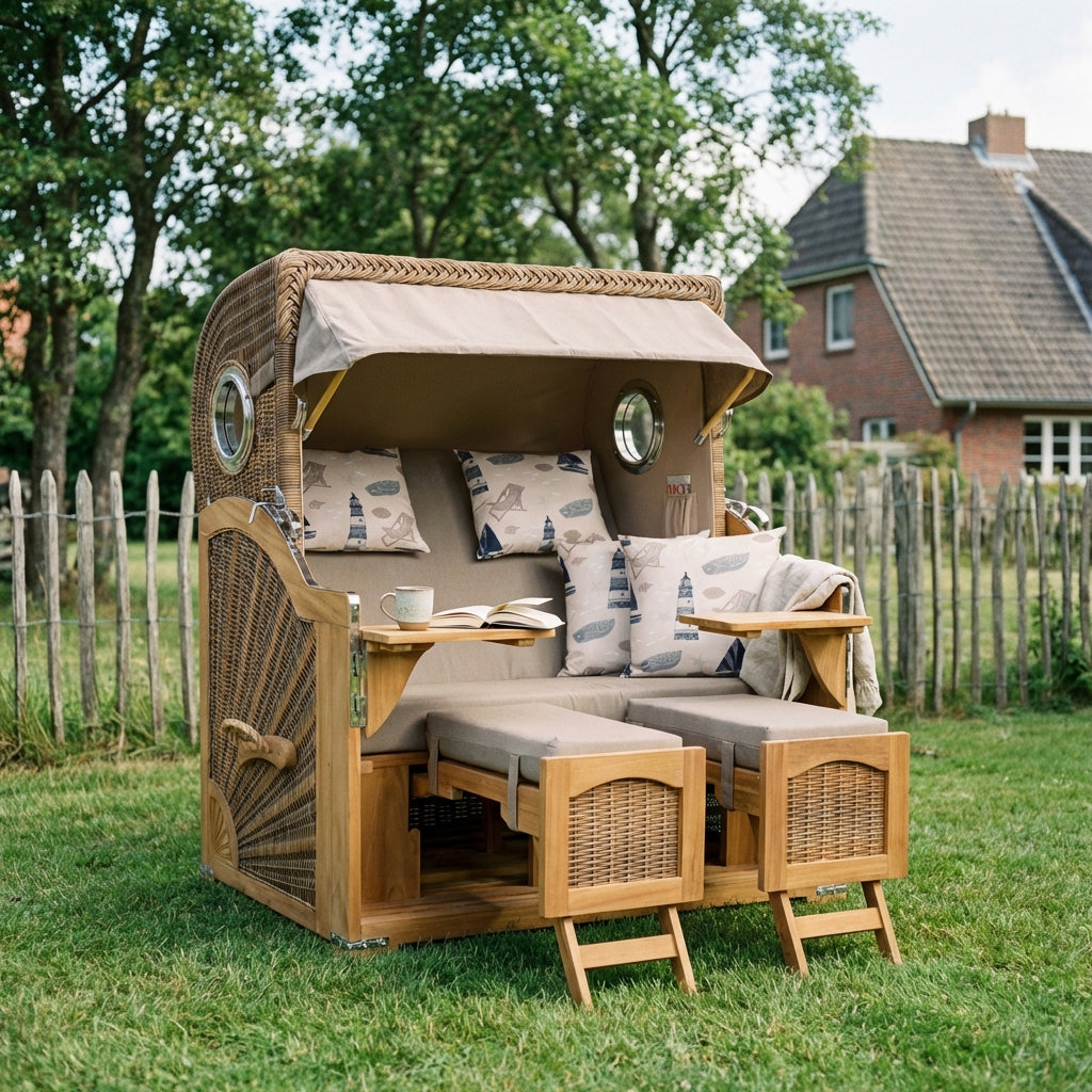 Strandkorb Düne Grande 2-Sitzer aus massivem Teakholz mit Bullaugen