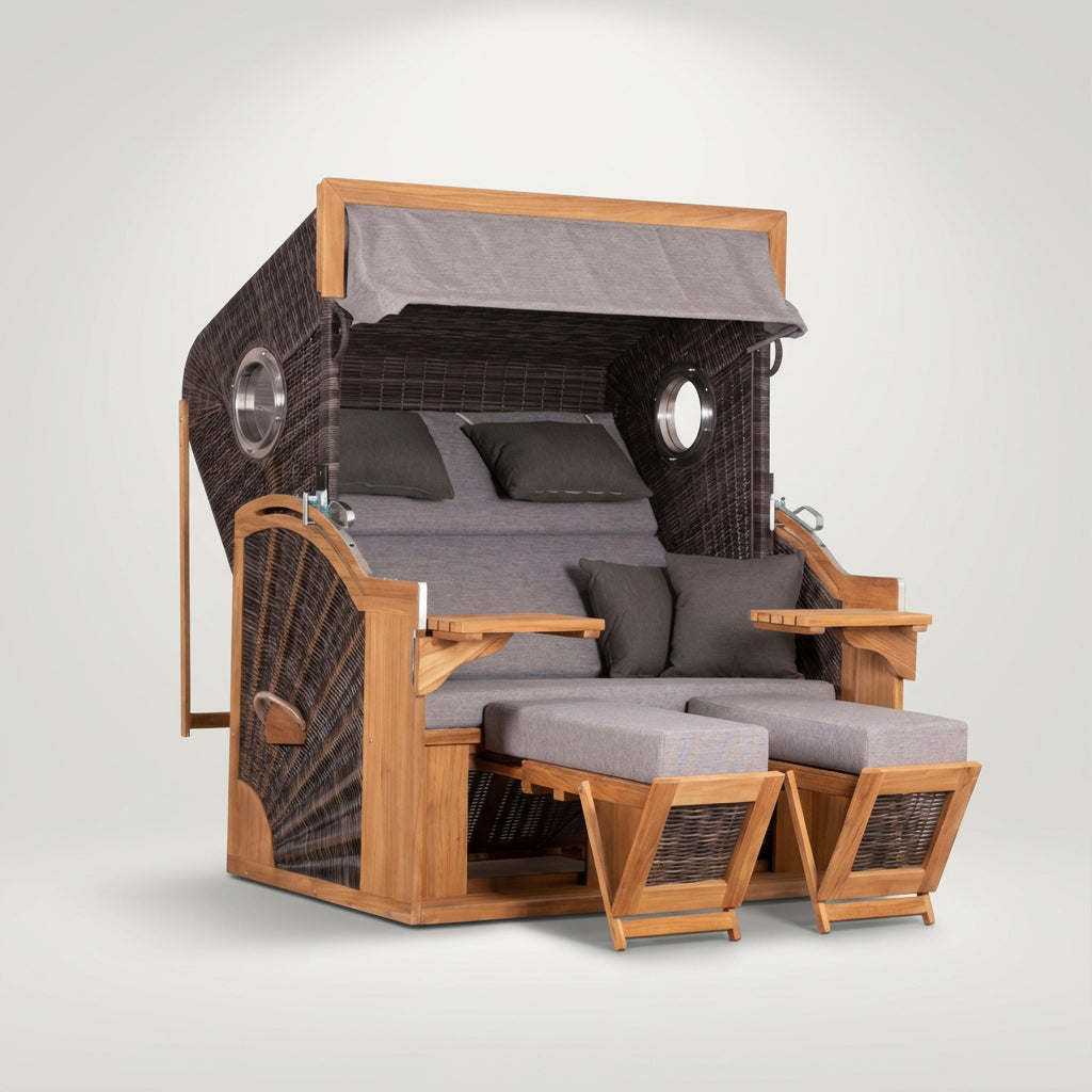 Strandkorb XXL Teakholz Polyrattan stone grey mit Cocktailtischen