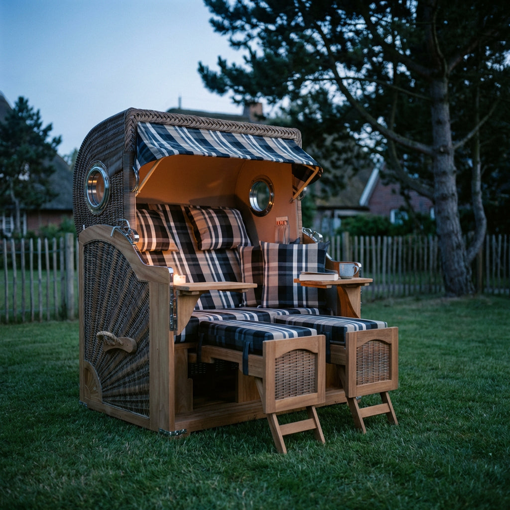 Strandkorb Düne Grande Bullauge Teak PE Banana Dessin 583 - Bild 3