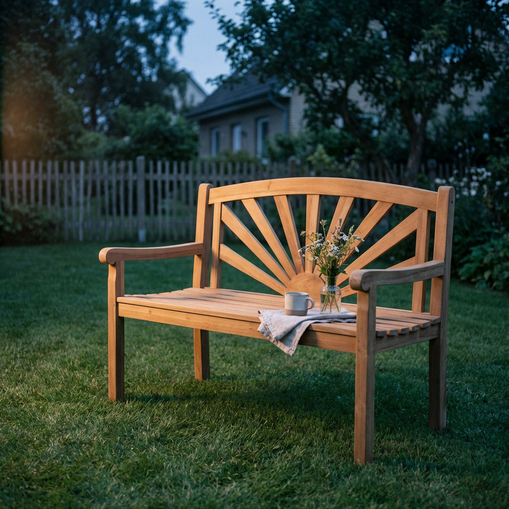 Gartenbank Sonne 120 cm aus massivem Teakholz mit Sonnenstrahlen-Design