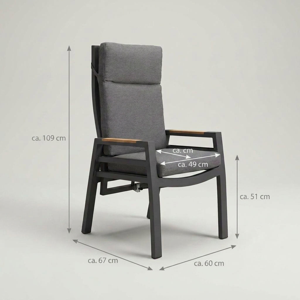 Relaxsessel Sevilla aus Aluminium mit Teakarmlehnen inkl. Kissen in Anthrazit