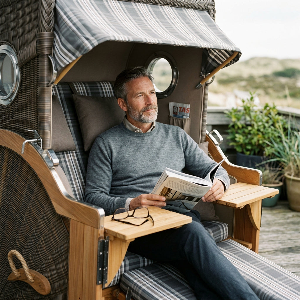 Strandkorb Baltikum 2-Sitzer in Teak mit Bullauge und Polyrattan in Grau