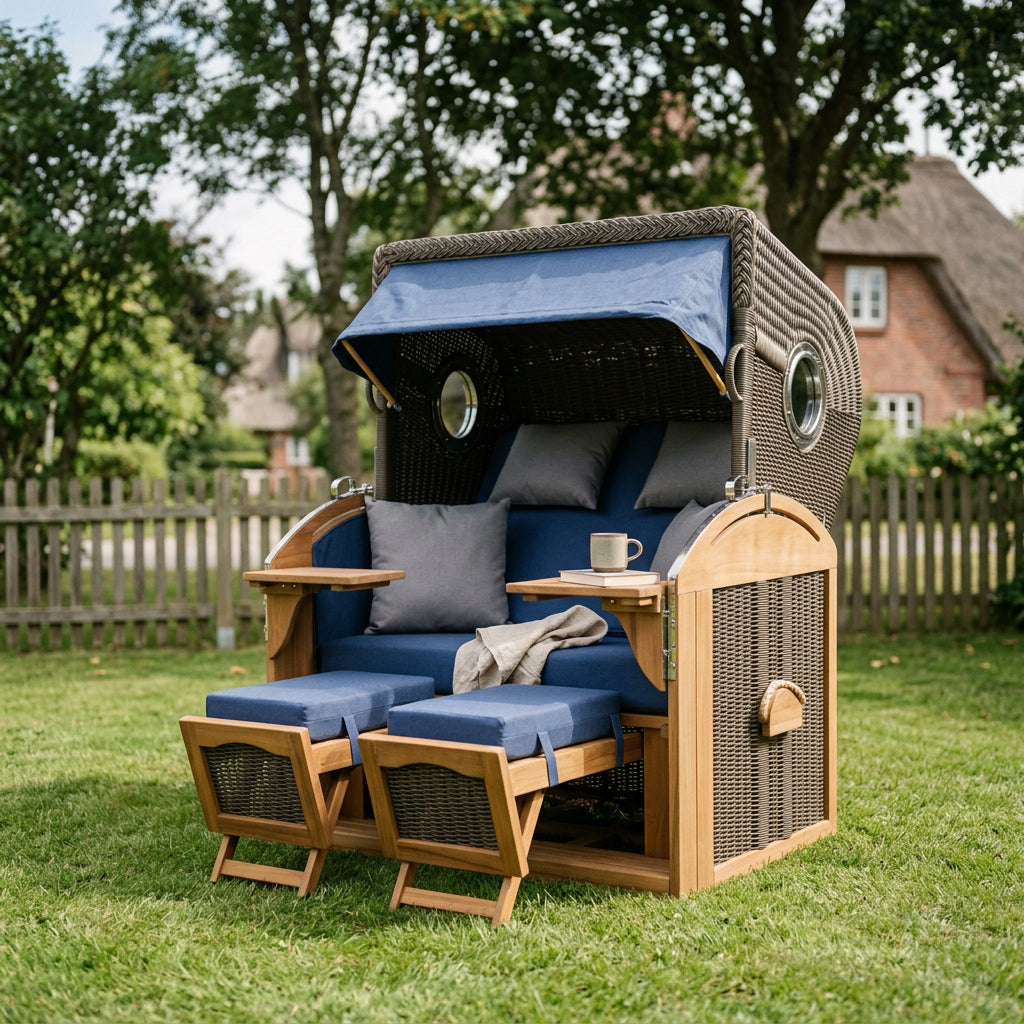 Strandkorb Schillig XL aus Teakholz und Polyrattan in Grau mit Bullauge