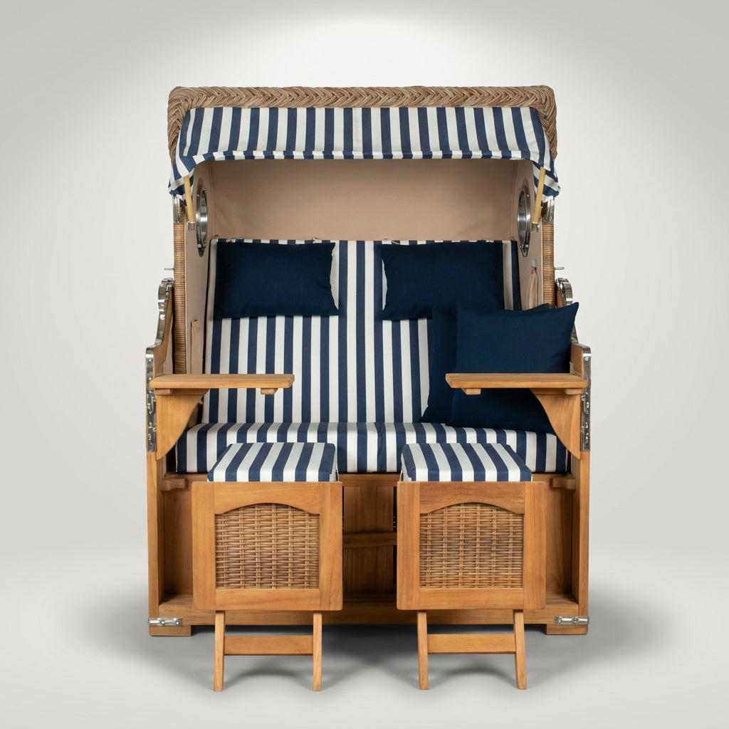 Strandkorb Düne Grande 2-Sitzer aus Teak mit Bullauge in Blau-Weiß
