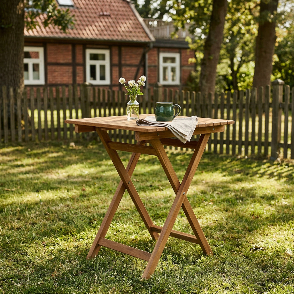 Klapptisch Woodie aus massivem Teakholz mit Lamellenplatte
