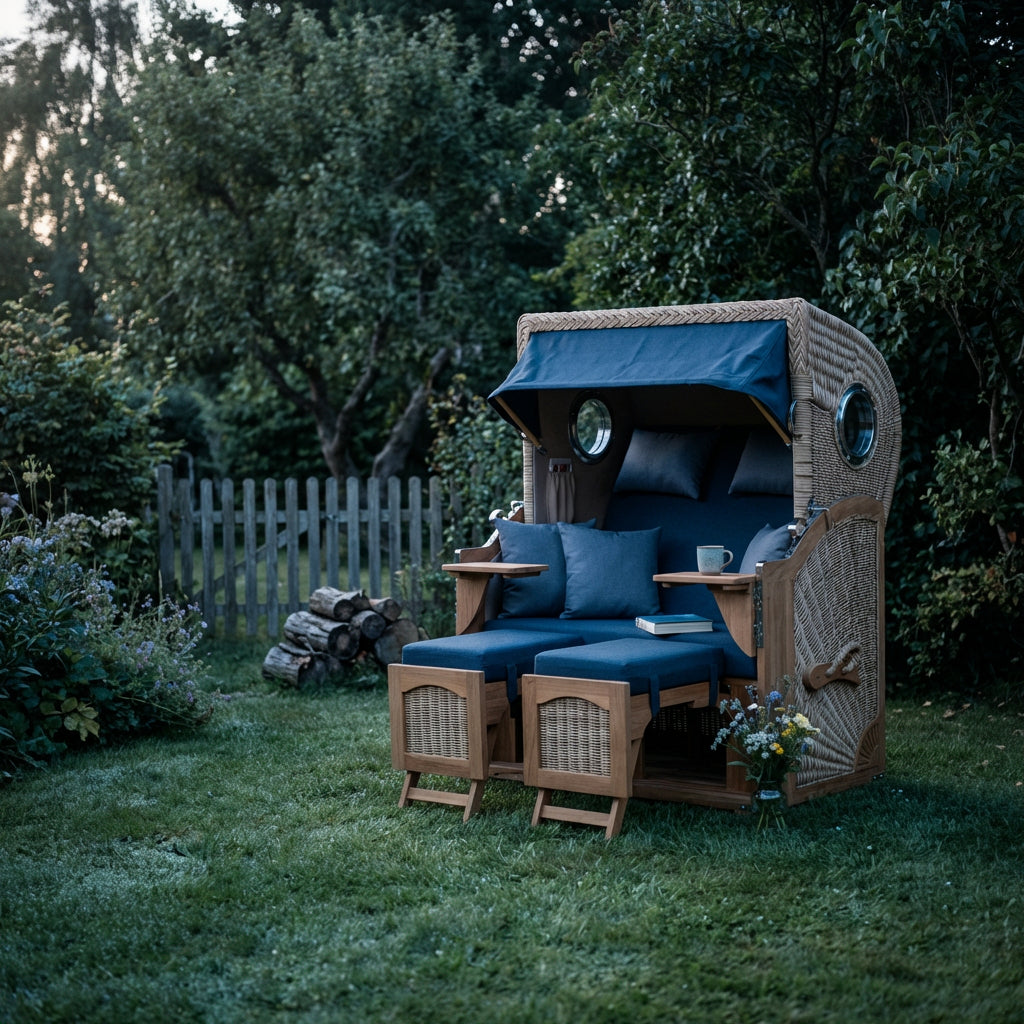 Strandkorb Düne 2-Sitzer aus Teak und Polyrattan in tiefem Blau