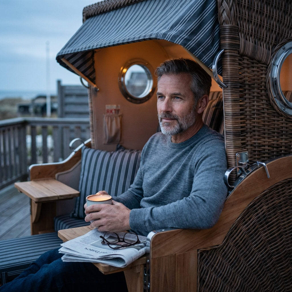 Strandkorb Düne Grande 2-Sitzer aus Teak und Polyrattan in warmem Braun