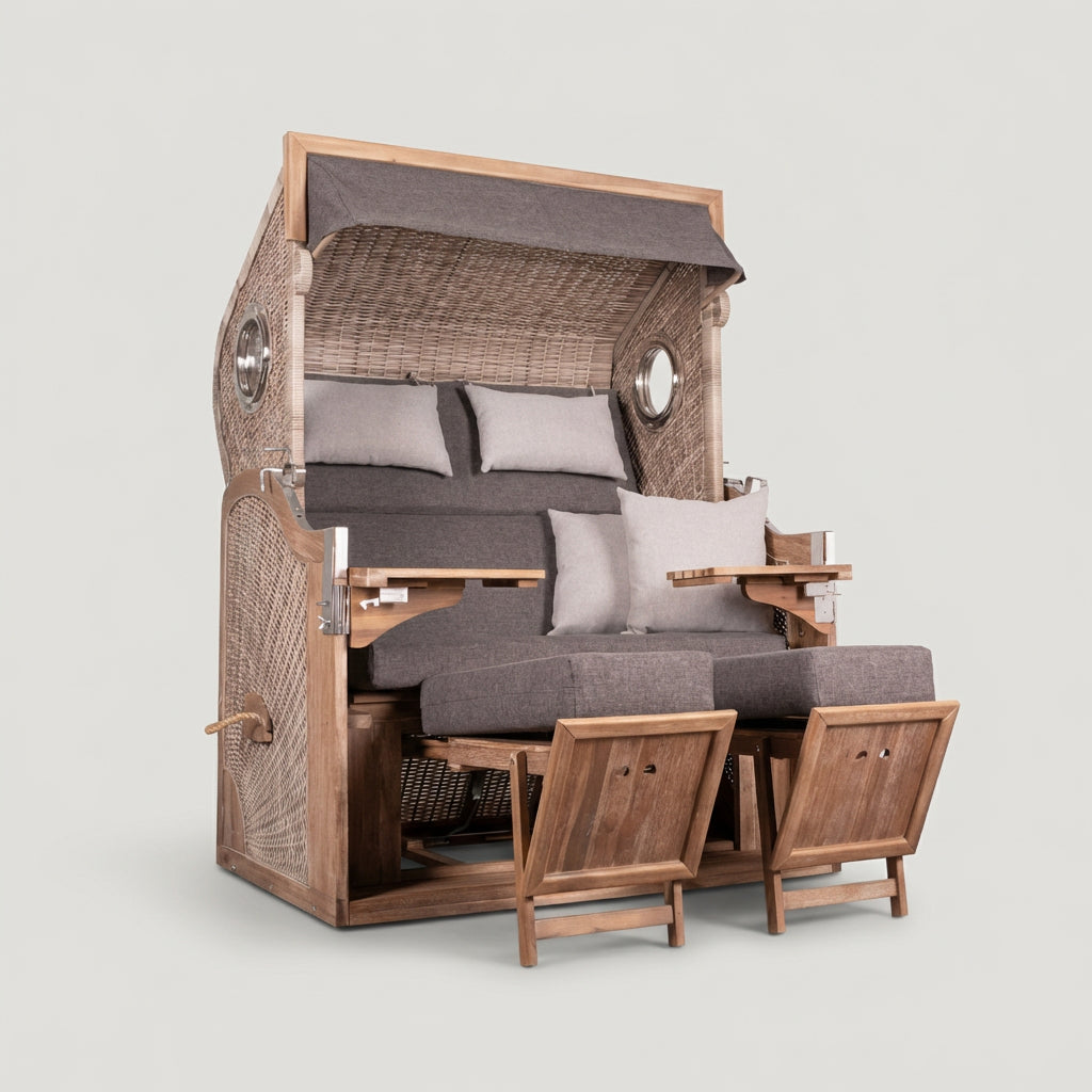 Strandkorb 175 XL Akazie Polyrattan mit Cocktailtischen