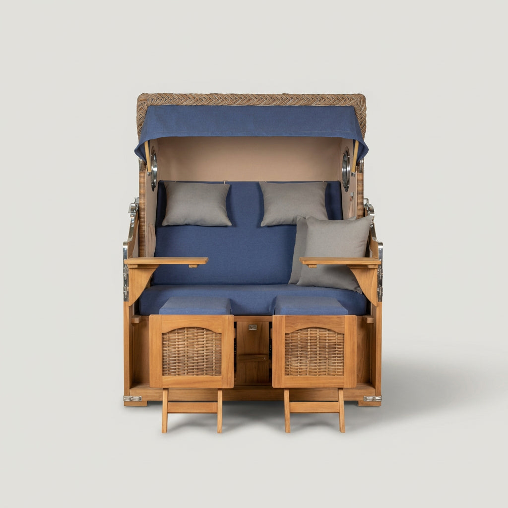 Strandkorb Düne Grande 2-Sitzer aus Teakholz mit Bullauge in Marineblau