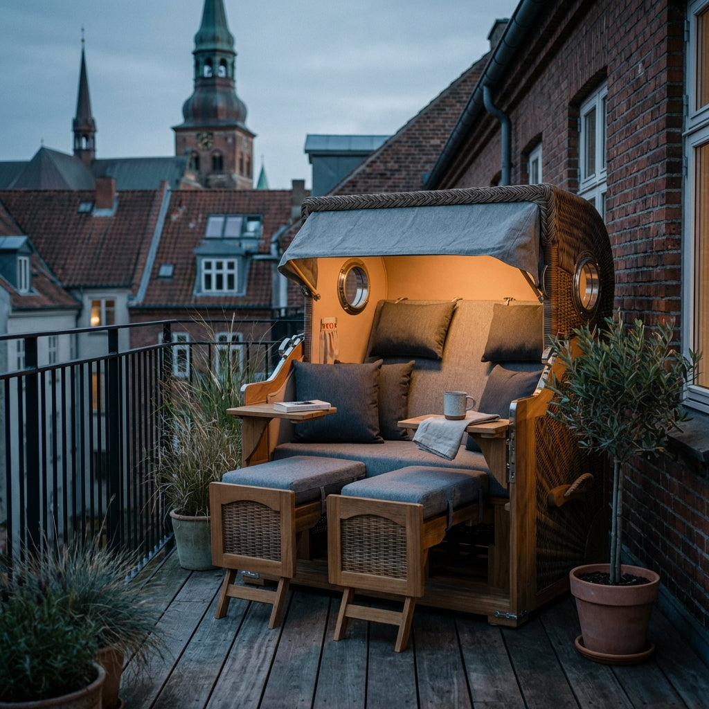 Strandkorb Düne Grande Bullauge Teak PE Banana Dessin 570 - Bild 3