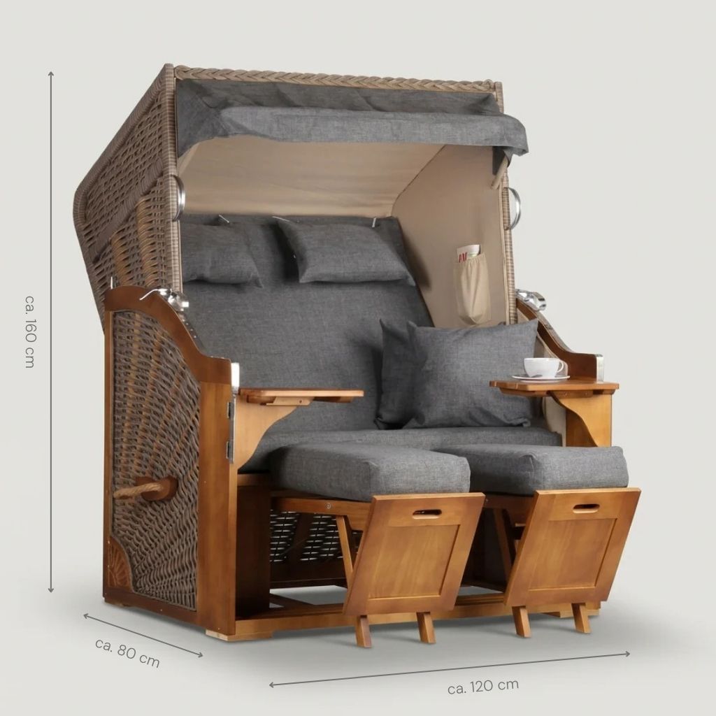 Strandkorb Schleswig aus Polyrattan in Mokka mit Seitentischen