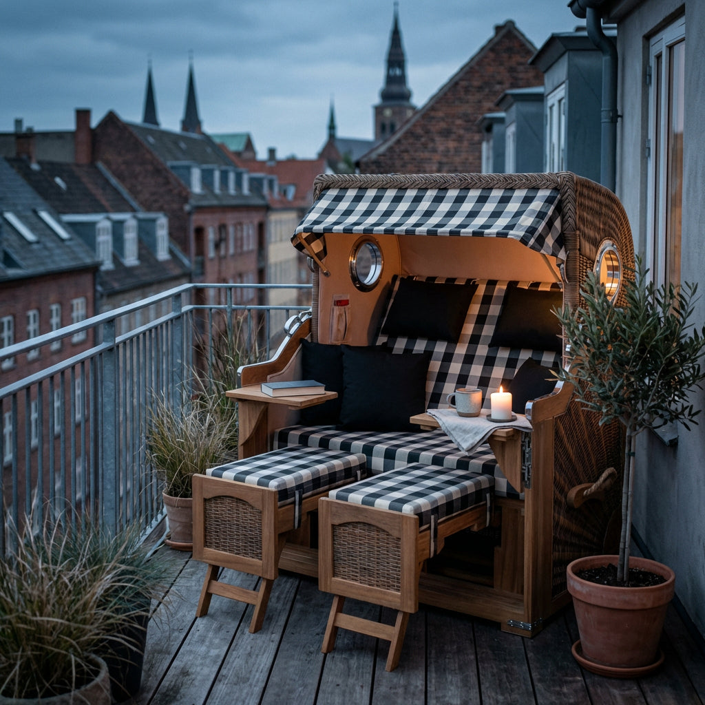 Strandkorb Düne Grande Bullauge Teak PE Banana Dessin 505 - Bild 3