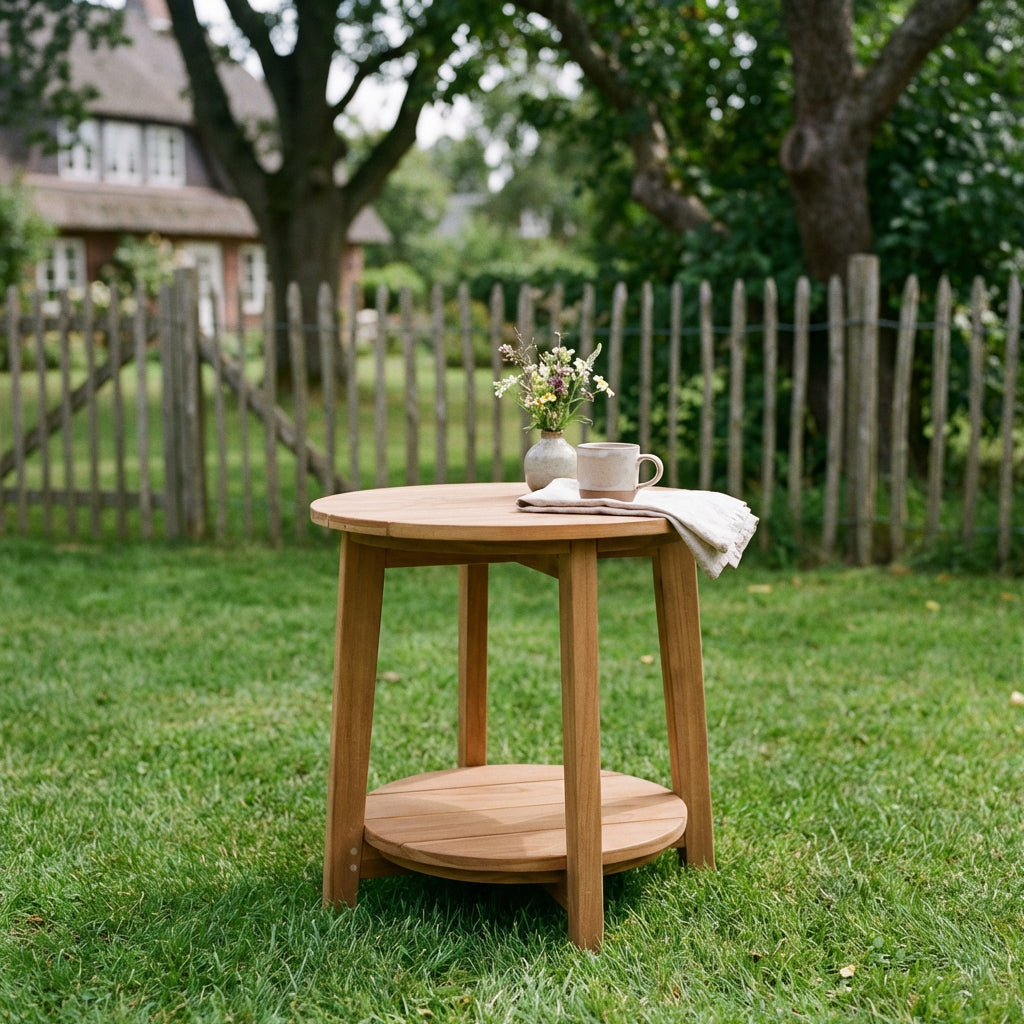 Beistelltisch Milton rund 50 cm aus massivem Teakholz mit Ablage