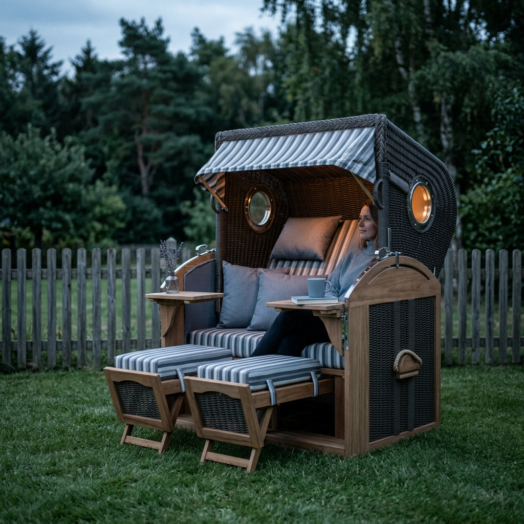Strandkorb Schillig XL aus Teakholz mit Bullauge in elegantem Grau