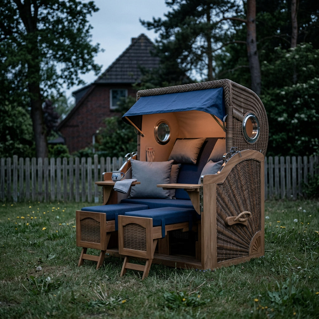 Strandkorb Düne Grande 2-Sitzer aus Teakholz mit Bullauge in Marineblau