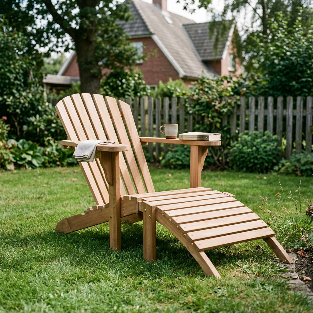 Gartensessel Adirondack Montreal aus massivem Teakholz mit Fußstütze
