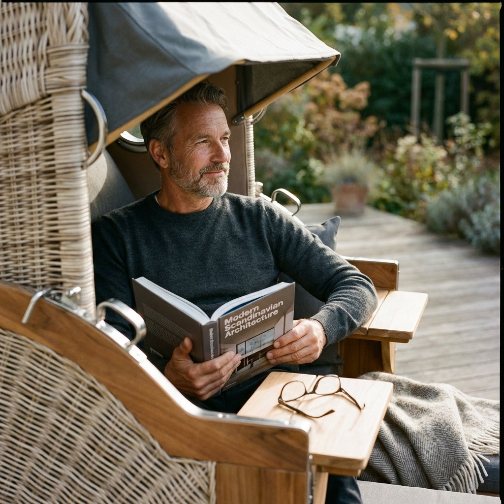 Strandkorb Düne Grande Bullauge Teak PE Shell Dessin 551 - Bild 4