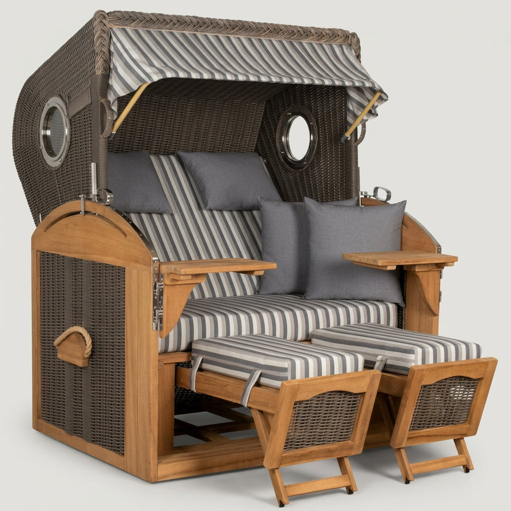 Strandkorb Schillig XL aus Teakholz mit Bullauge in elegantem Grau