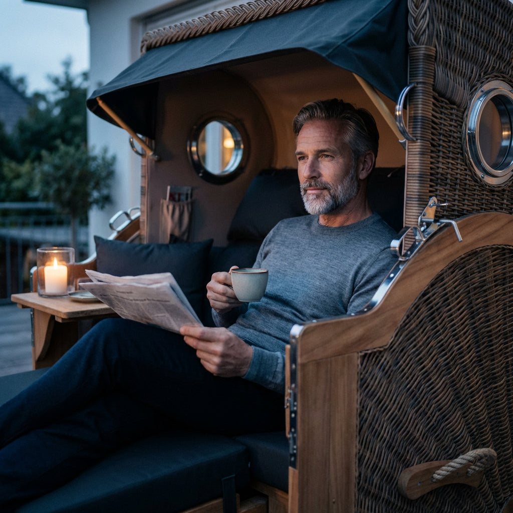 Strandkorb Düne Grande Bullauge Teak PE Banana Dessin 548 - Bild 6