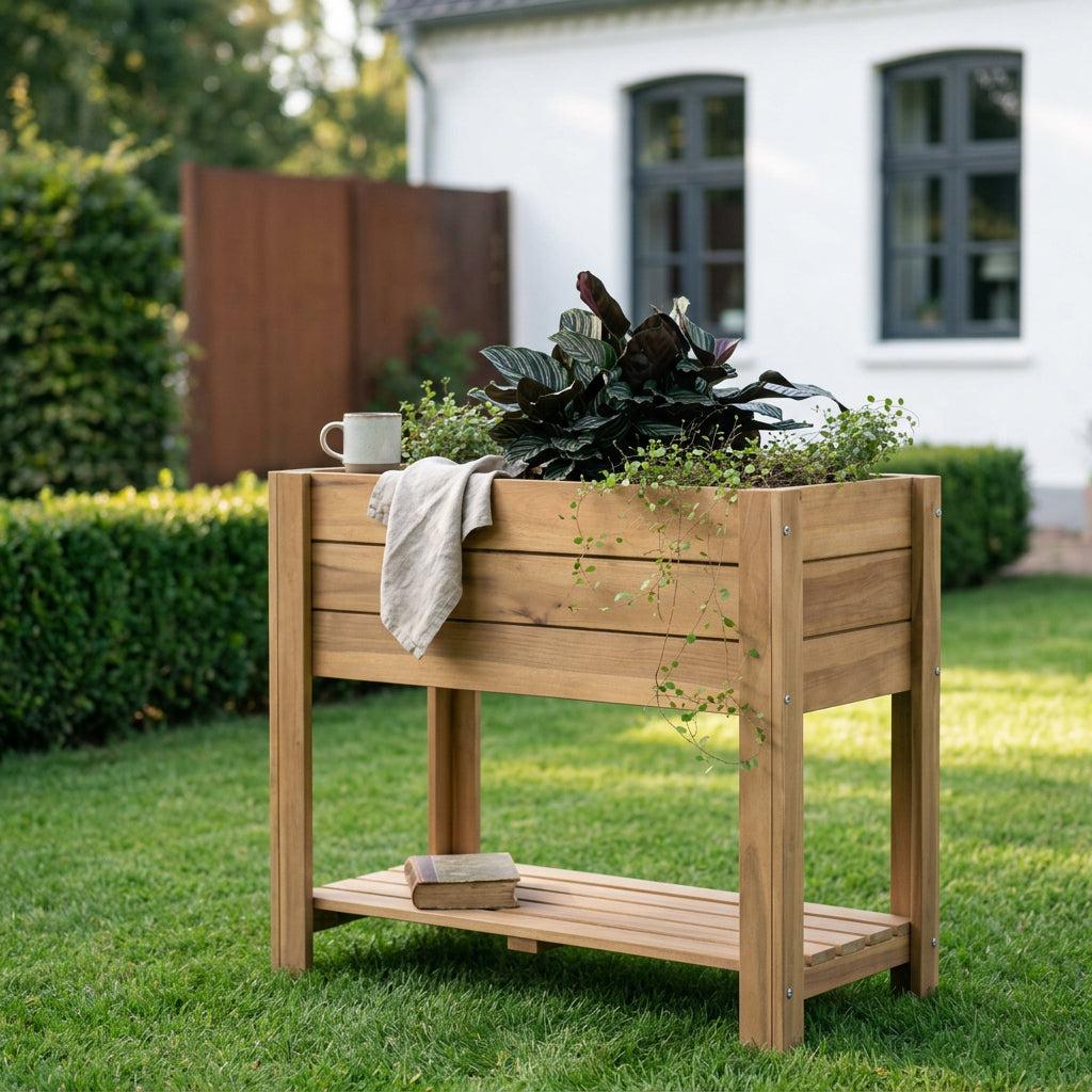 Hochbeet Kräuter aus massivem Teakholz mit praktischer Ablage