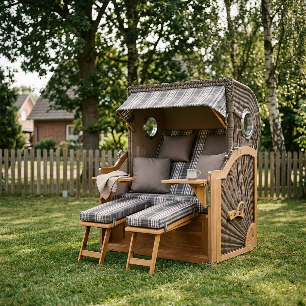 Strandkorb Baltikum 2-Sitzer in Teak mit Bullauge und Polyrattan in Grau