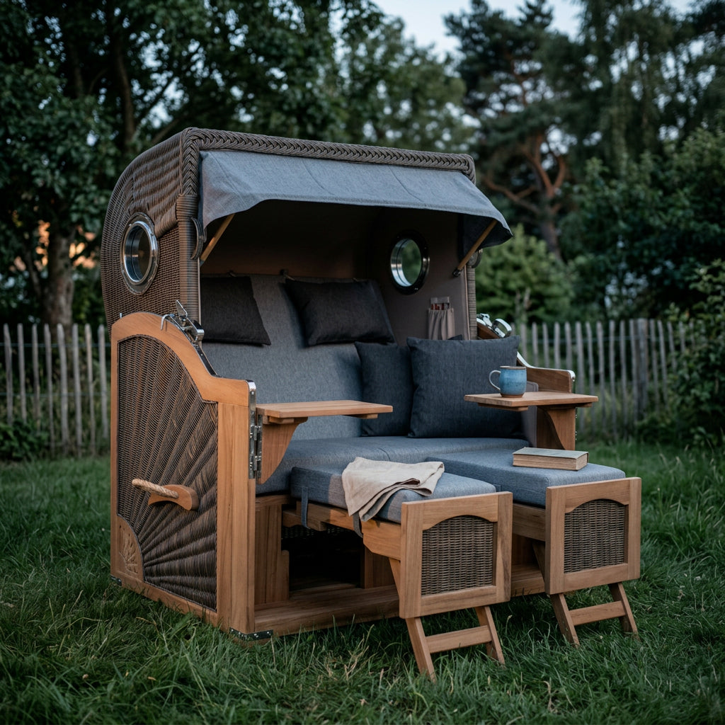 Strandkorb Düne Grande 2-Sitzer aus Teakholz mit Bullauge in elegantem Grau