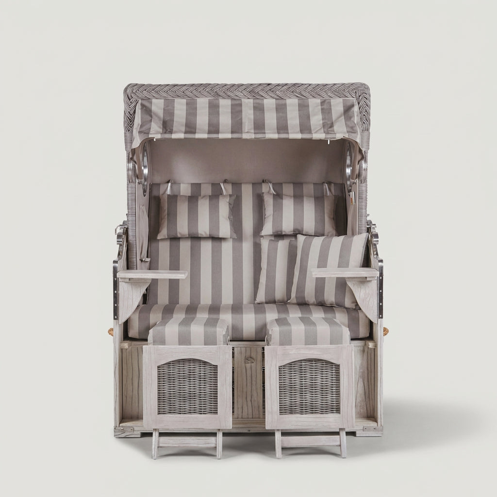 Strandkorb Düne 2-Sitzer in Mahagoni Washed Grey mit Bullauge