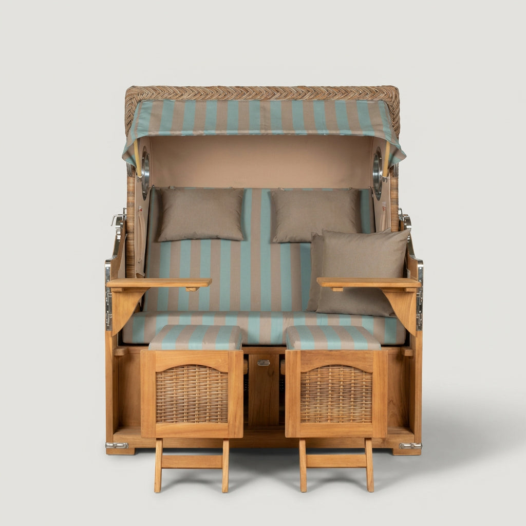 Strandkorb Düne Grande 2-Sitzer aus Teakholz mit Bullauge in Türkis-Beige