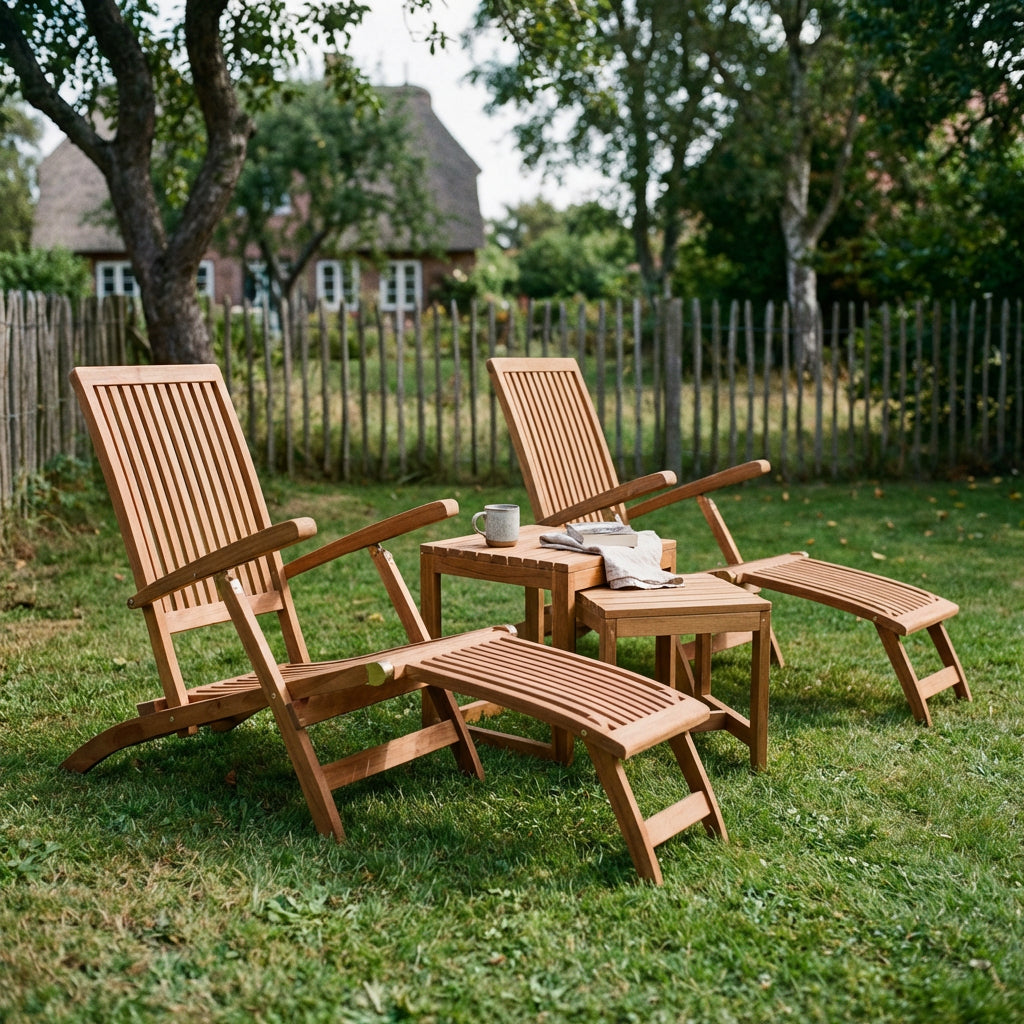 Deckchair-Set Yacht 2er aus massivem Teakholz mit Beistelltischen Verwood