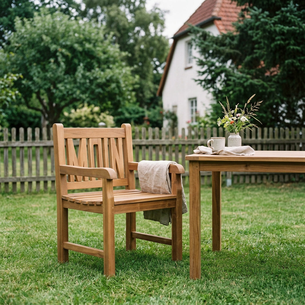 Gartensessel Moin aus massivem Teakholz mit Lamellenrückenlehne