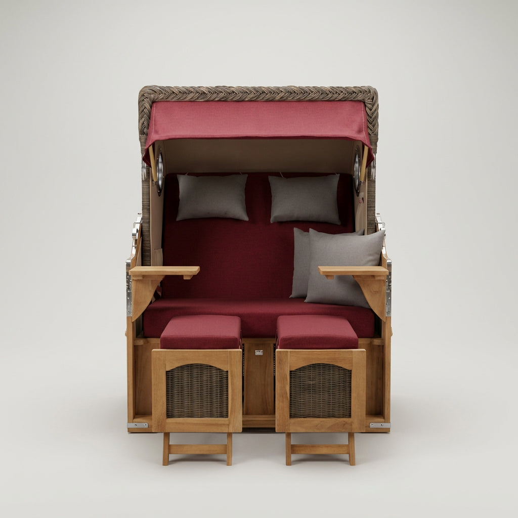Strandkorb Düne 2-Sitzer aus Teak und Polyrattan mit Bullaugen