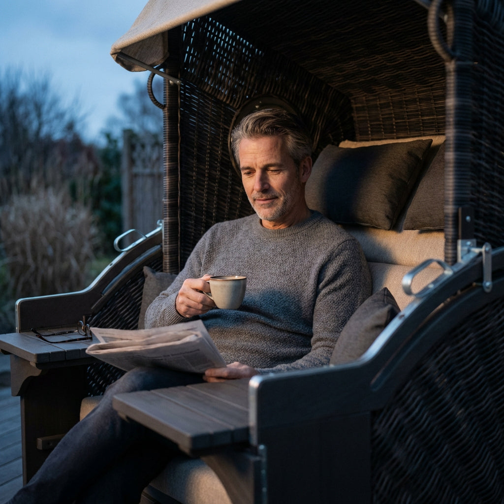 Strandkorb XL Polyrattan stone grey mit Pinienholz und Cocktailtischen