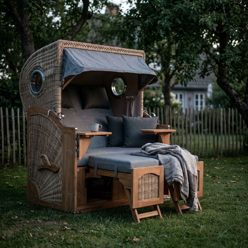 Strandkorb Düne Bullauge Teak PE Shell Dessin 570 - Bild 3