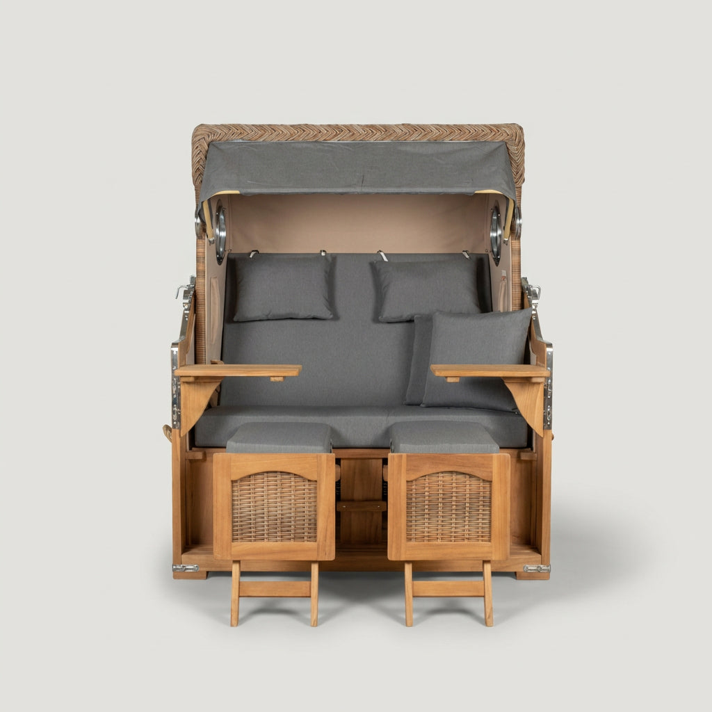 Strandkorb Düne Grande Bullauge Teak PE Banana Dessin 551 - Bild 2