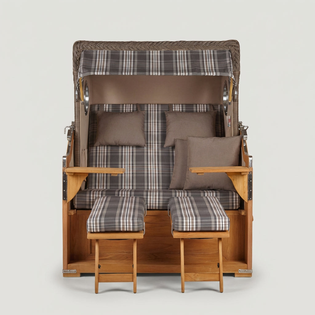 Strandkorb Baltikum 2-Sitzer in Teak mit Bullauge und Polyrattan in Grau